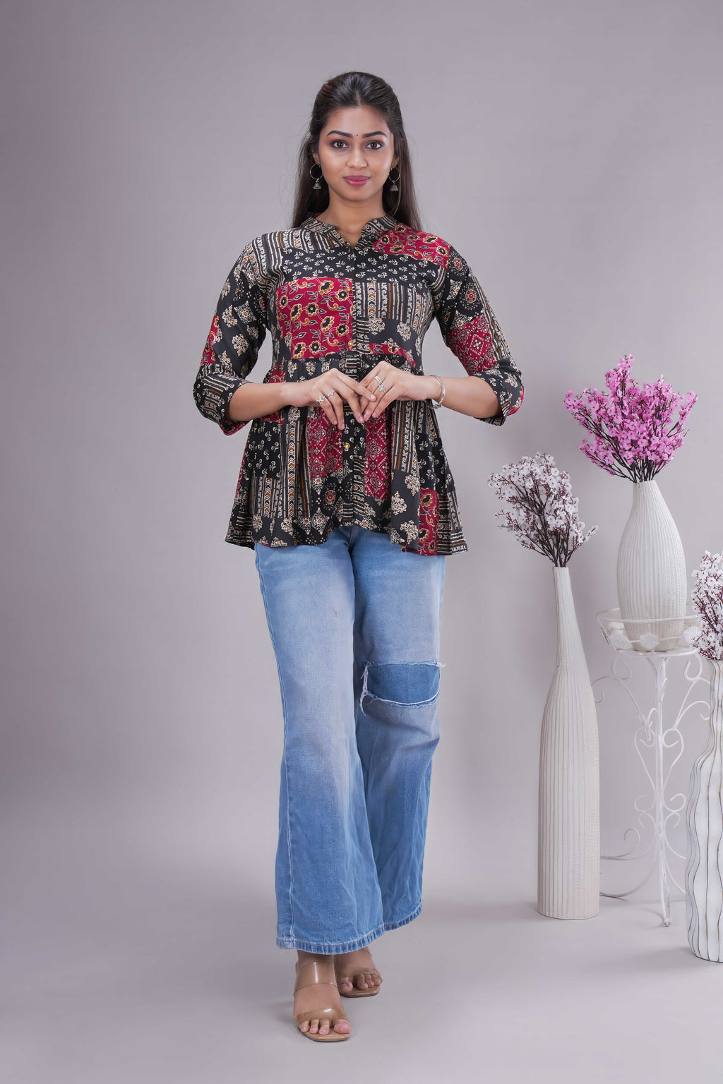 Women's Ethnic Patchwork Print Flared Peplum Tunictop