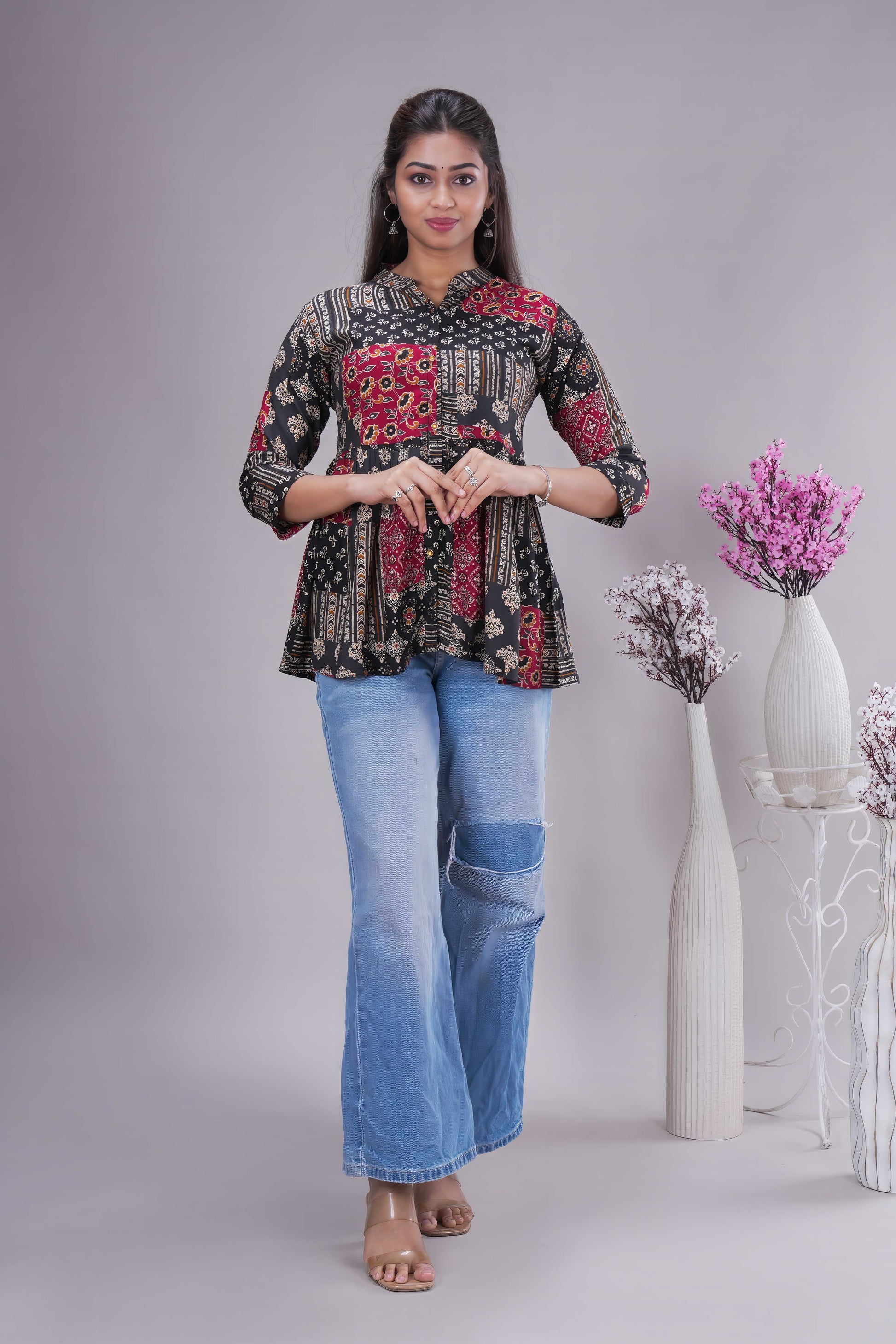 Women's Ethnic Patchwork Print Flared Peplum Tunictop