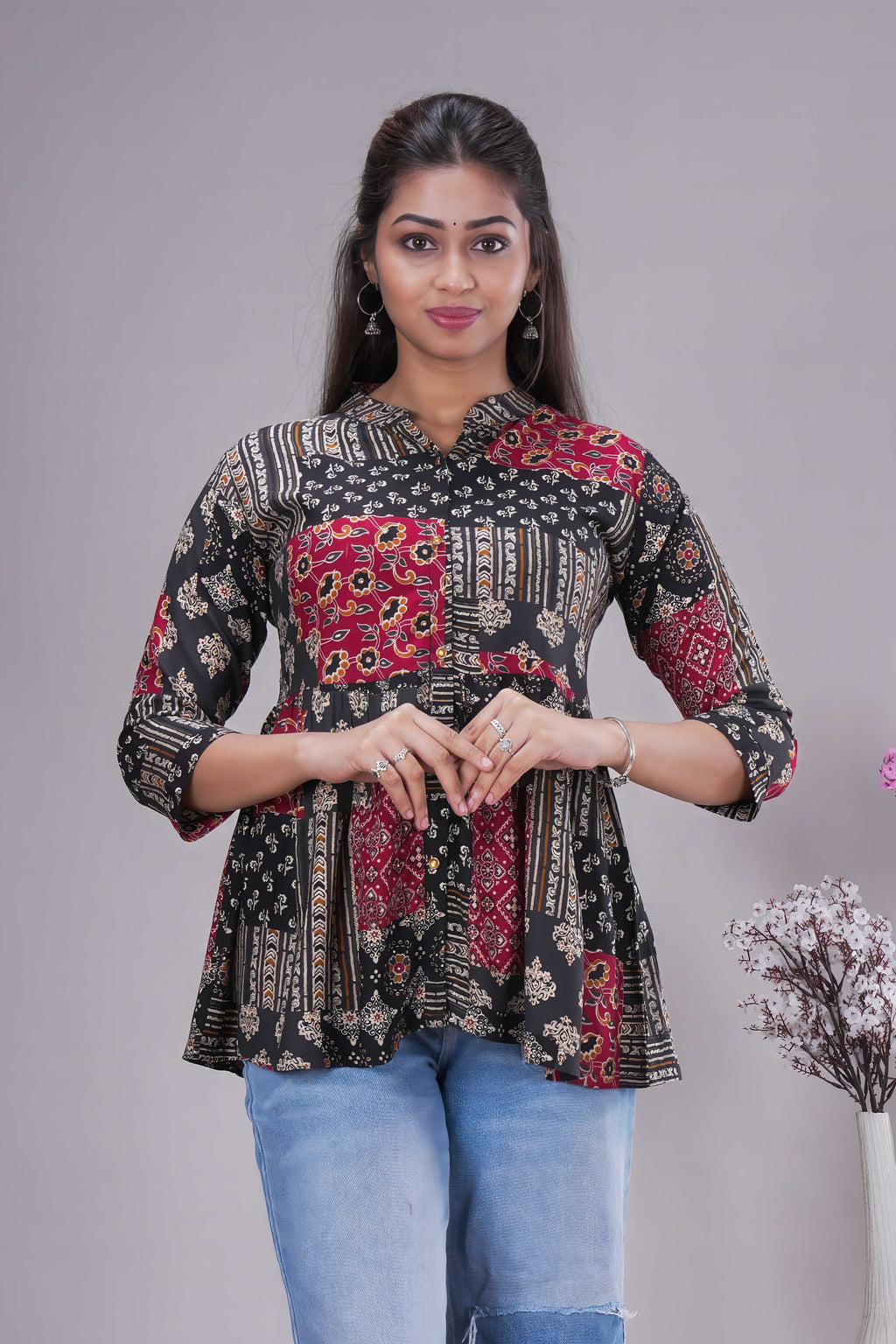 Women's Ethnic Patchwork Print Flared Peplum Tunictop