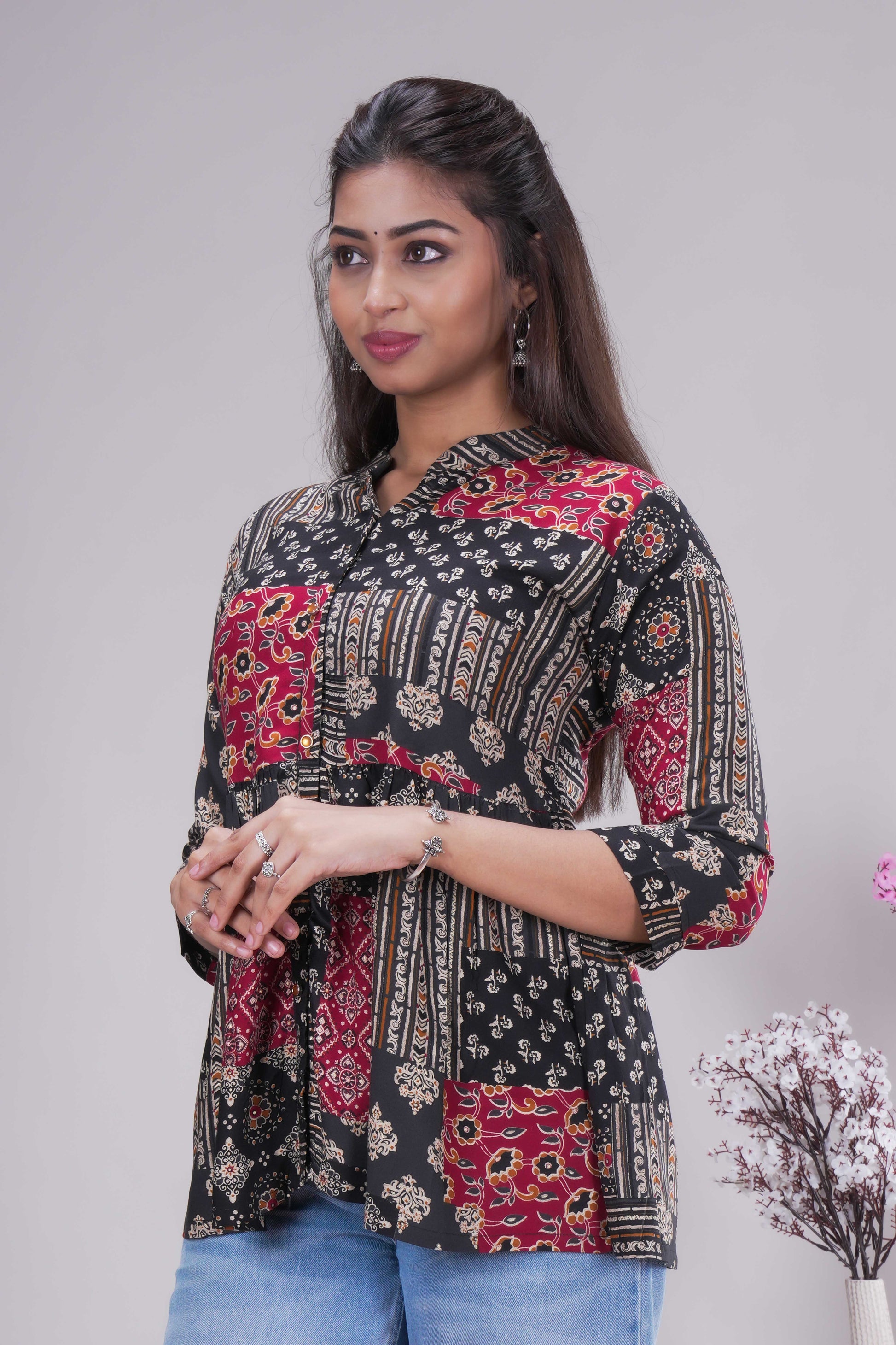 Women's Ethnic Patchwork Print Flared Peplum Tunictop