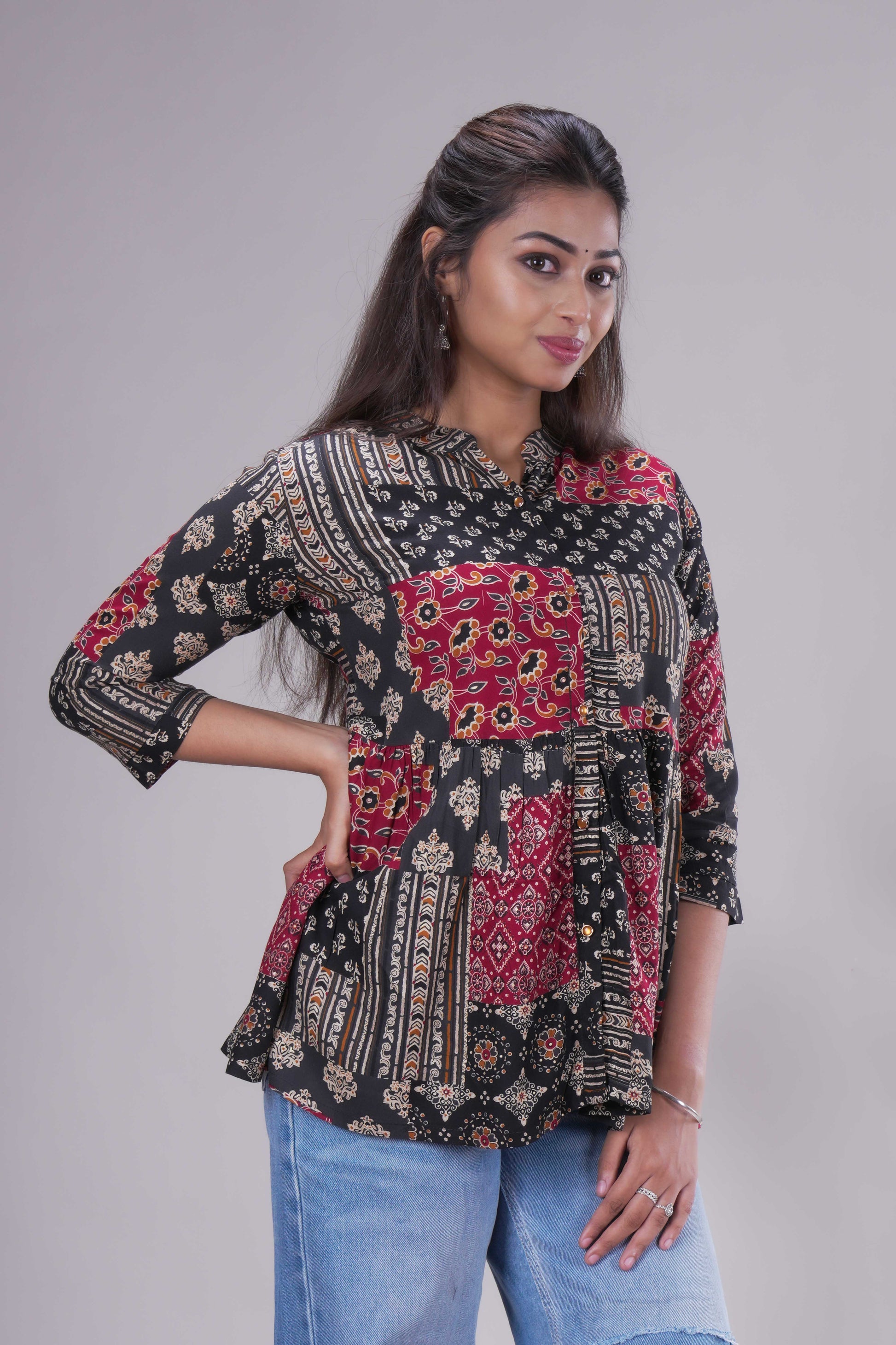 Women's Ethnic Patchwork Print Flared Peplum Tunictop