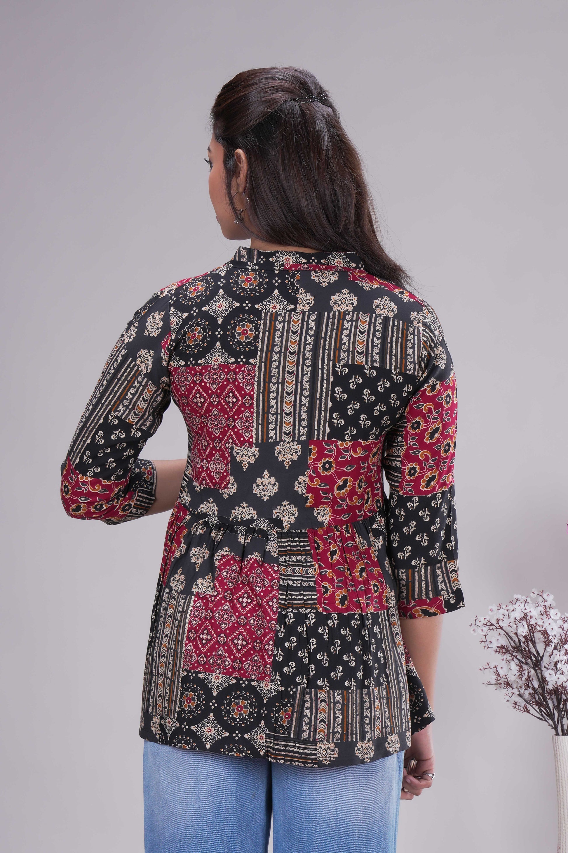 Women's Ethnic Patchwork Print Flared Peplum Tunictop