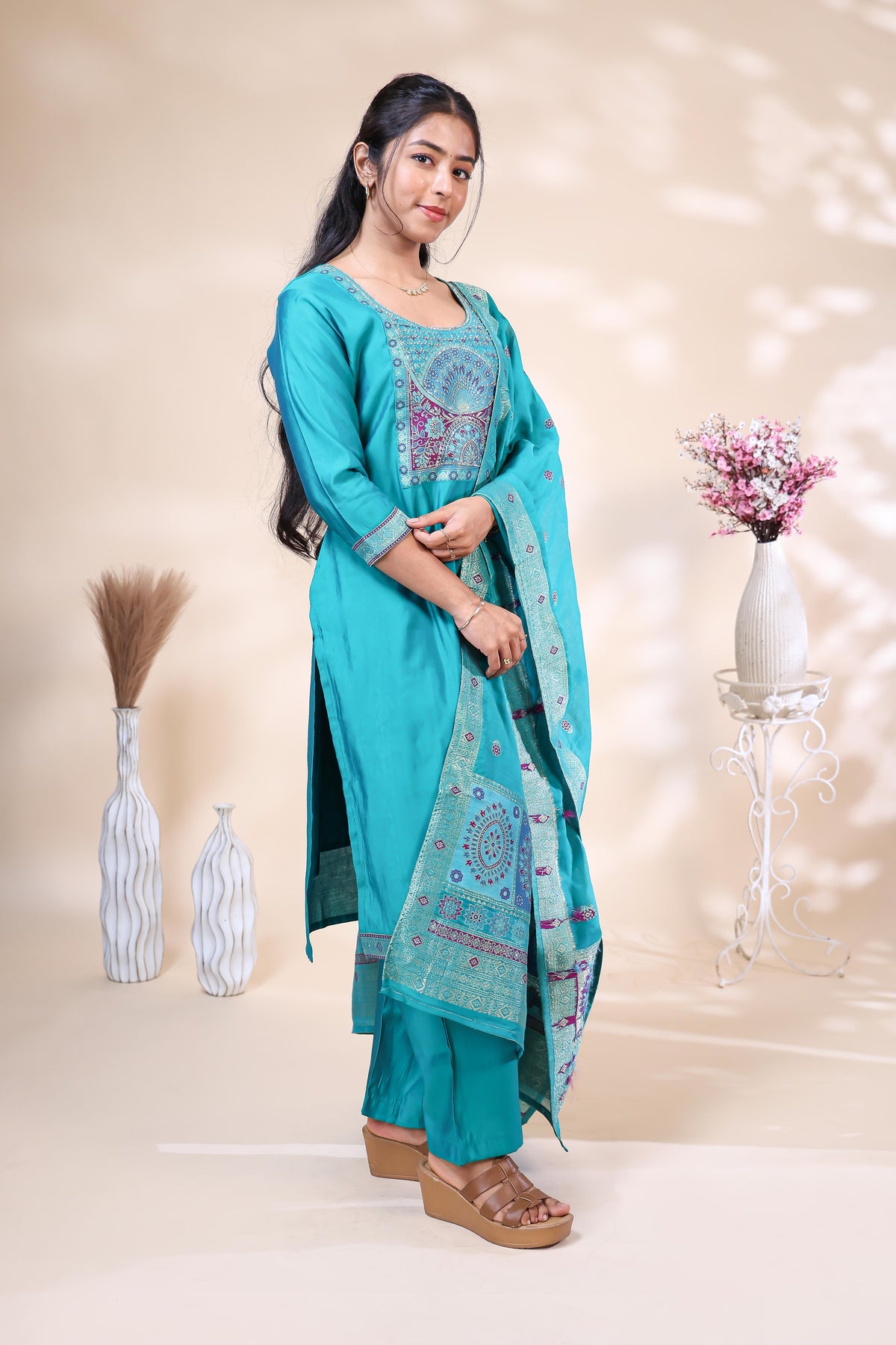 1. Elegant teal blue three piece suit set for women for weddings and festive occasions
