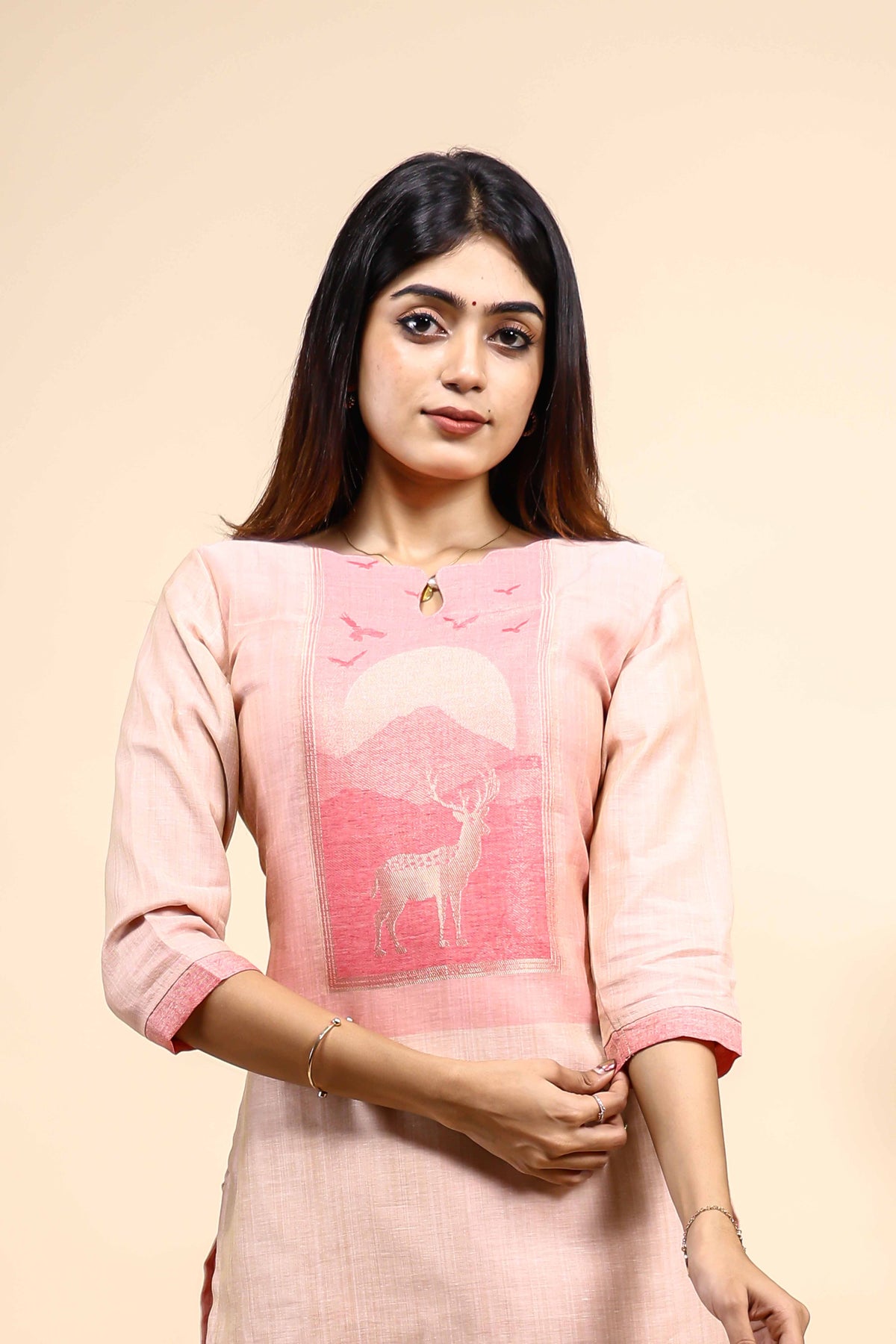 Light Peach and Pink Woven Deer Motif Kurta Set with Dupatta