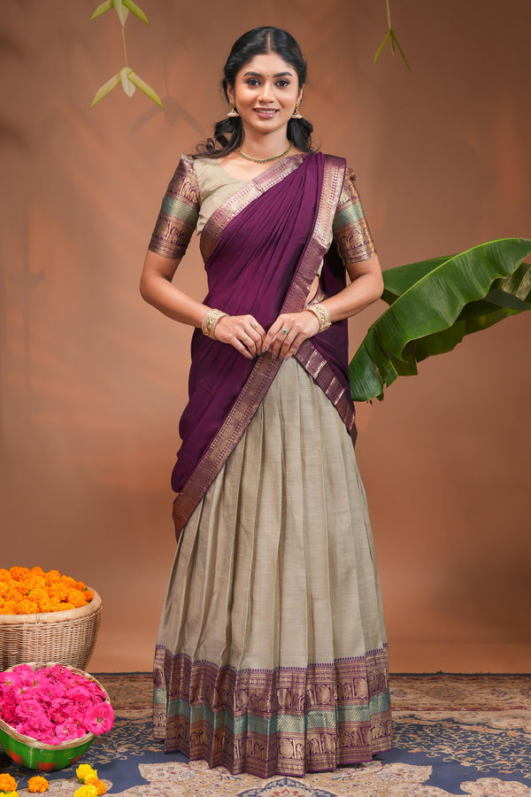 Elegant Purple and Grey Traditional Half Saree Set with Zari Woven Border