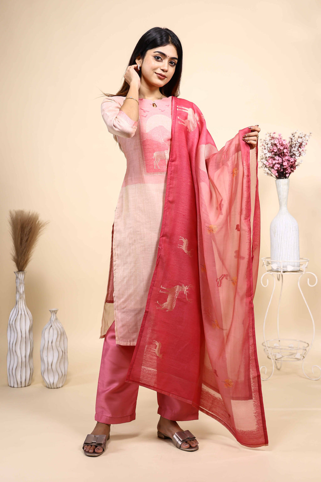 Light Peach and Pink Woven Deer Motif Kurta Set with Dupatta