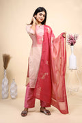 Light Peach and Pink Woven Deer Motif Kurta Set with Dupatta