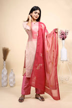 Light Peach and Pink Woven Deer Motif Kurta Set with Dupatta
