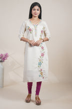 Off-White Floral Embroidered Straight Kurti with Three-Quarter Sleeves single piece