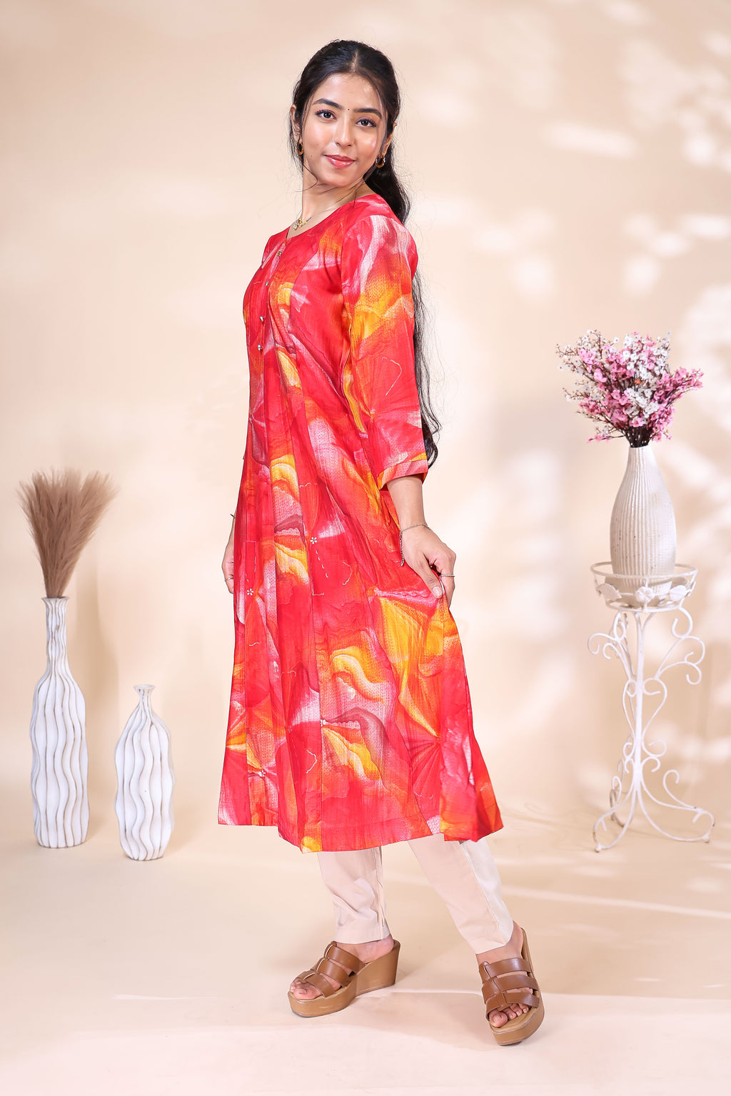 Vibrant Red & Orange Floral Abstract Printed umbrella top