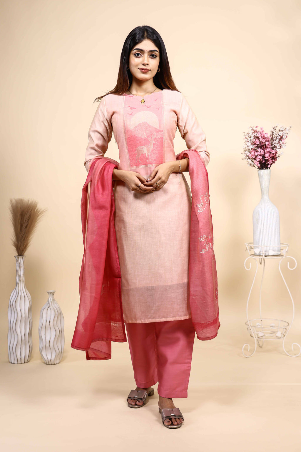 Light Peach and Pink Woven Deer Motif Kurta Set with Dupatta