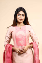 Light Peach and Pink Woven Deer Motif Kurta Set with Dupatta