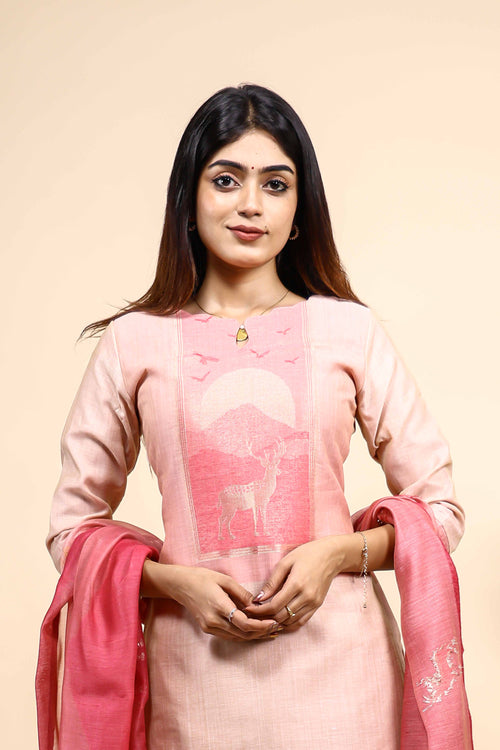 Light Peach and Pink Woven Deer Motif Kurta Set with Dupatta