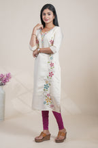 Off-White Floral Embroidered Straight Kurti with Three-Quarter Sleeves single piece