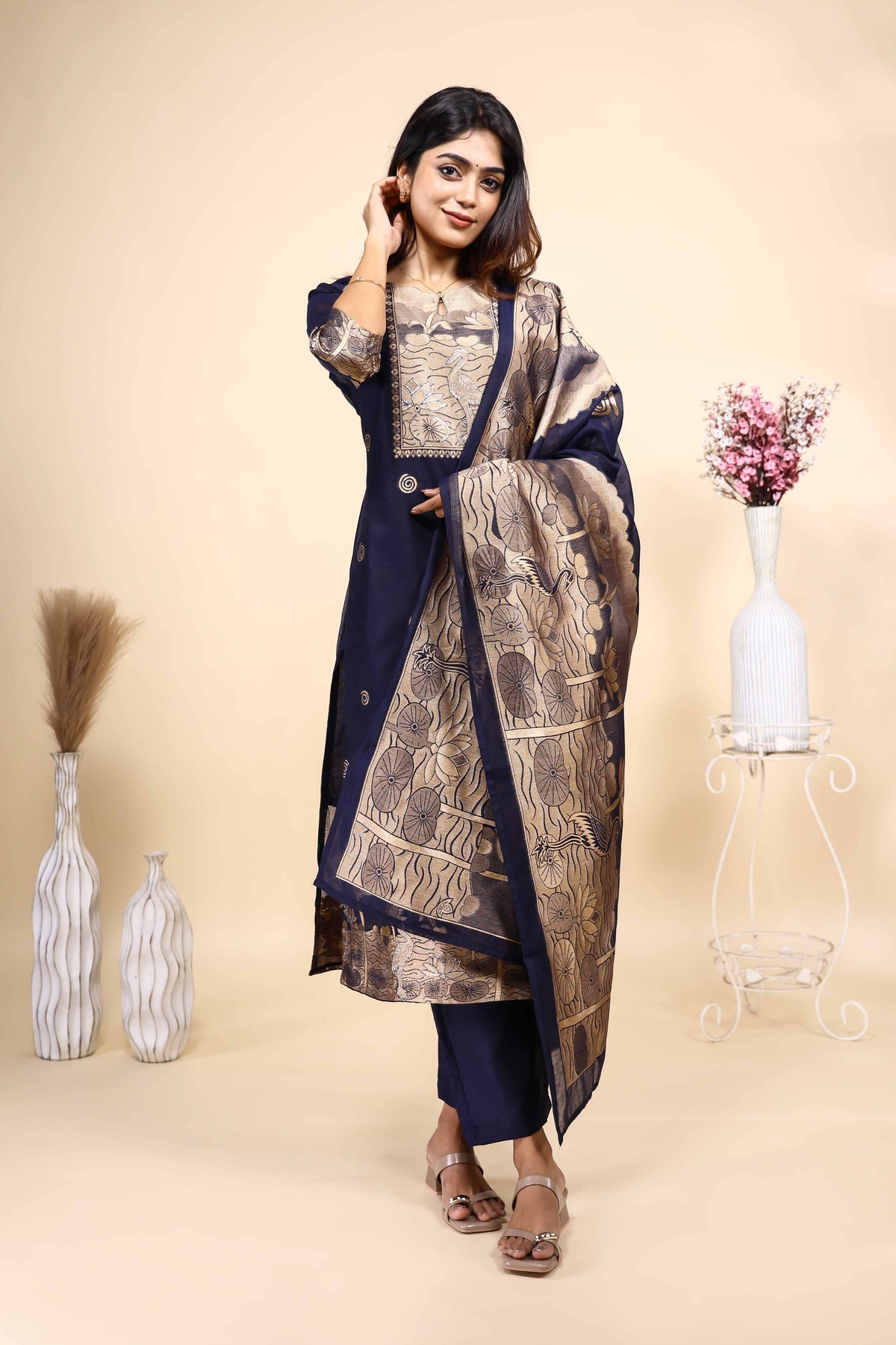 Navy Blue Printed Kurta Set with Matching Dupatta 3 Piece set