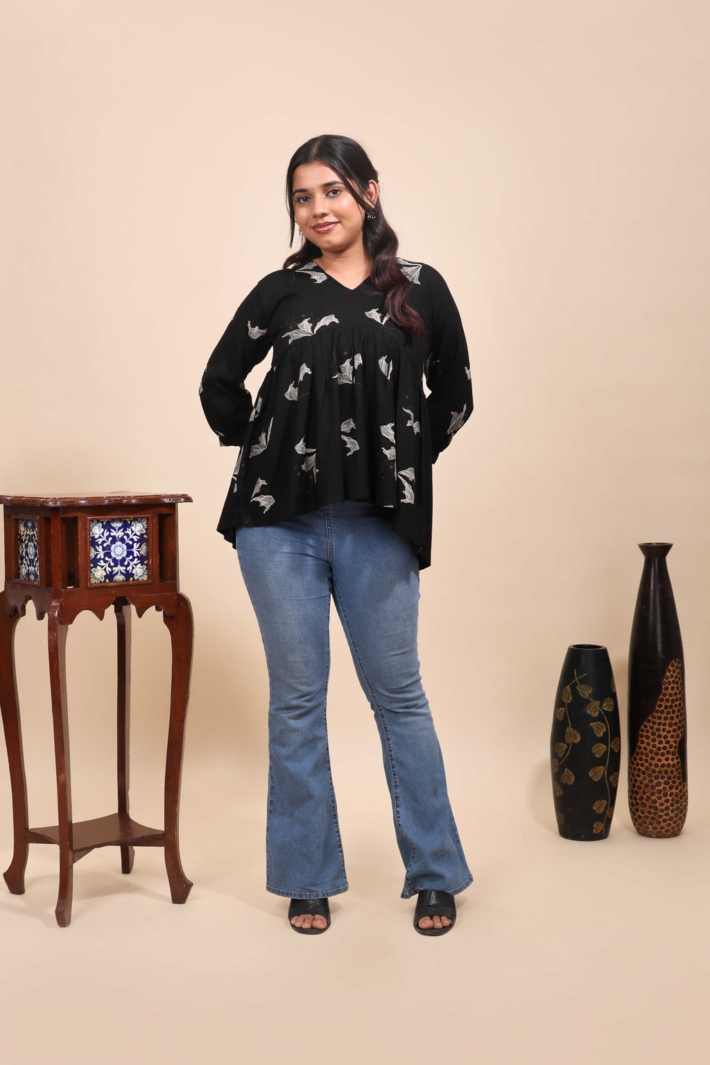 Elegant Jet Black Floral Printed Gathered Tunic Top