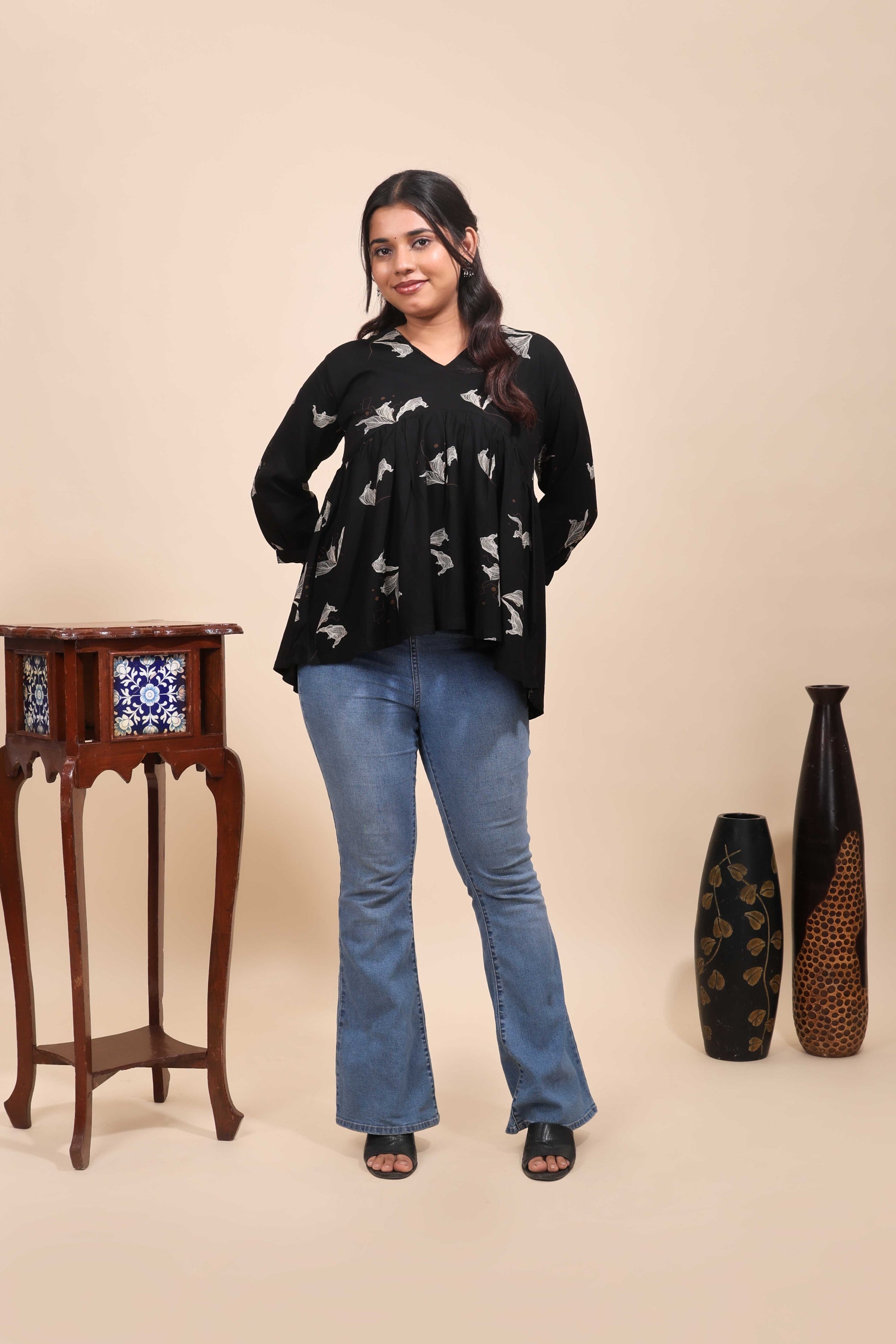 Elegant Jet Black Floral Printed Gathered Tunic Top