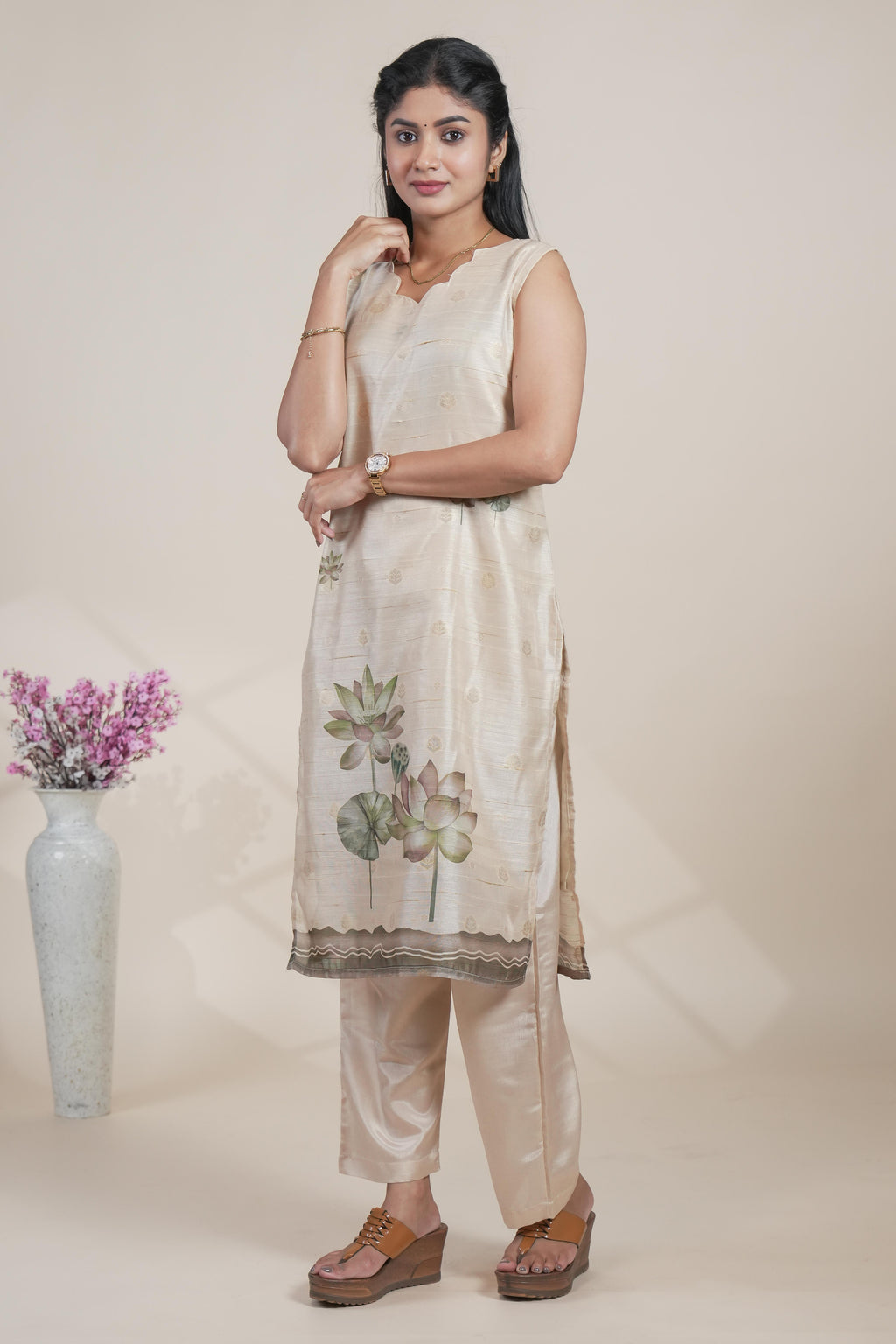 Elegant Beige Jacquard butti Floral Printed Kurta Set with Dupatta