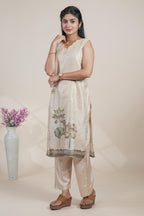 Elegant Beige Jacquard butti Floral Printed Kurta Set with Dupatta