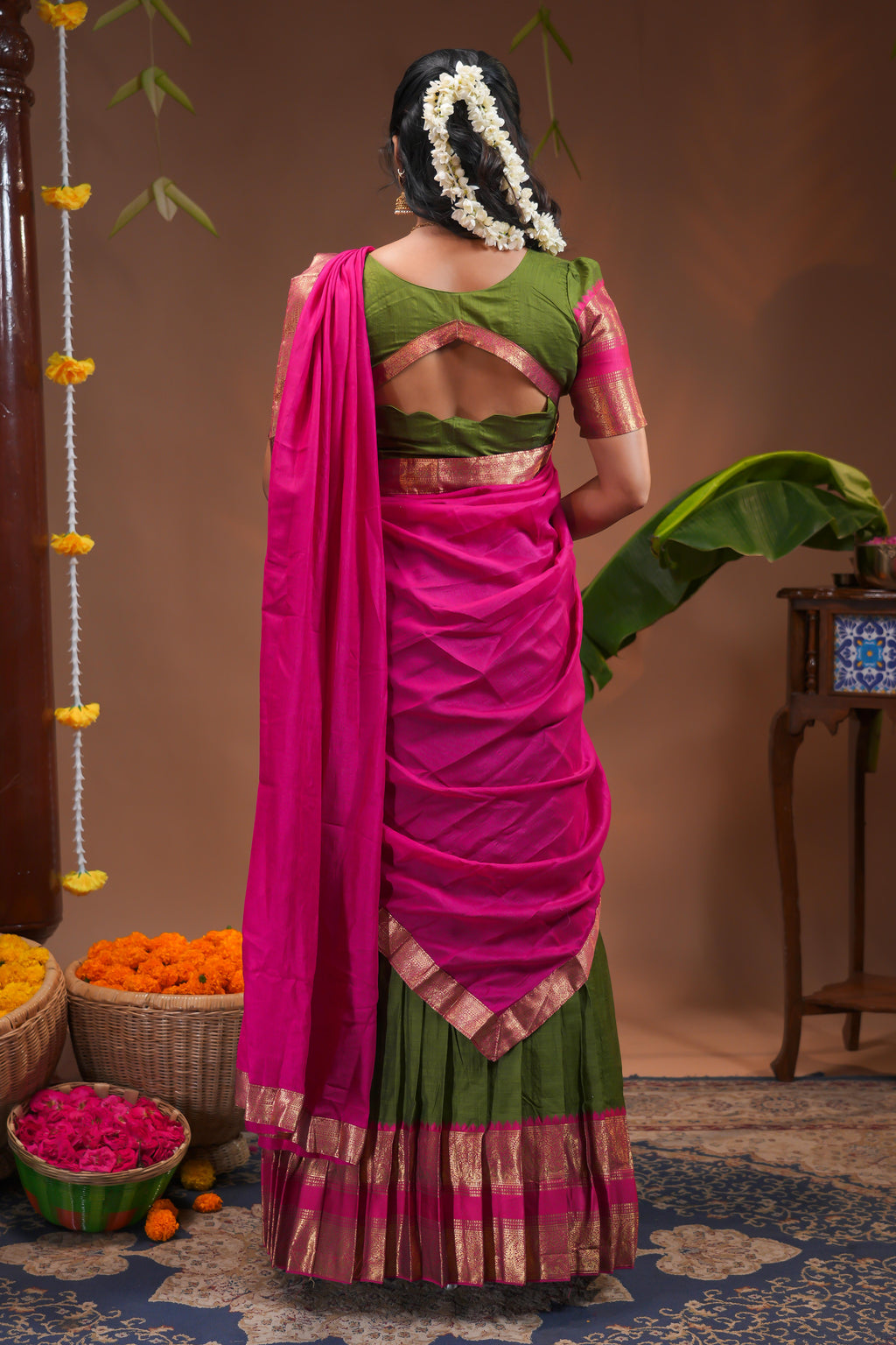 Traditional Olive Green Lehengas and Vibrant Pink Silk Half Saree