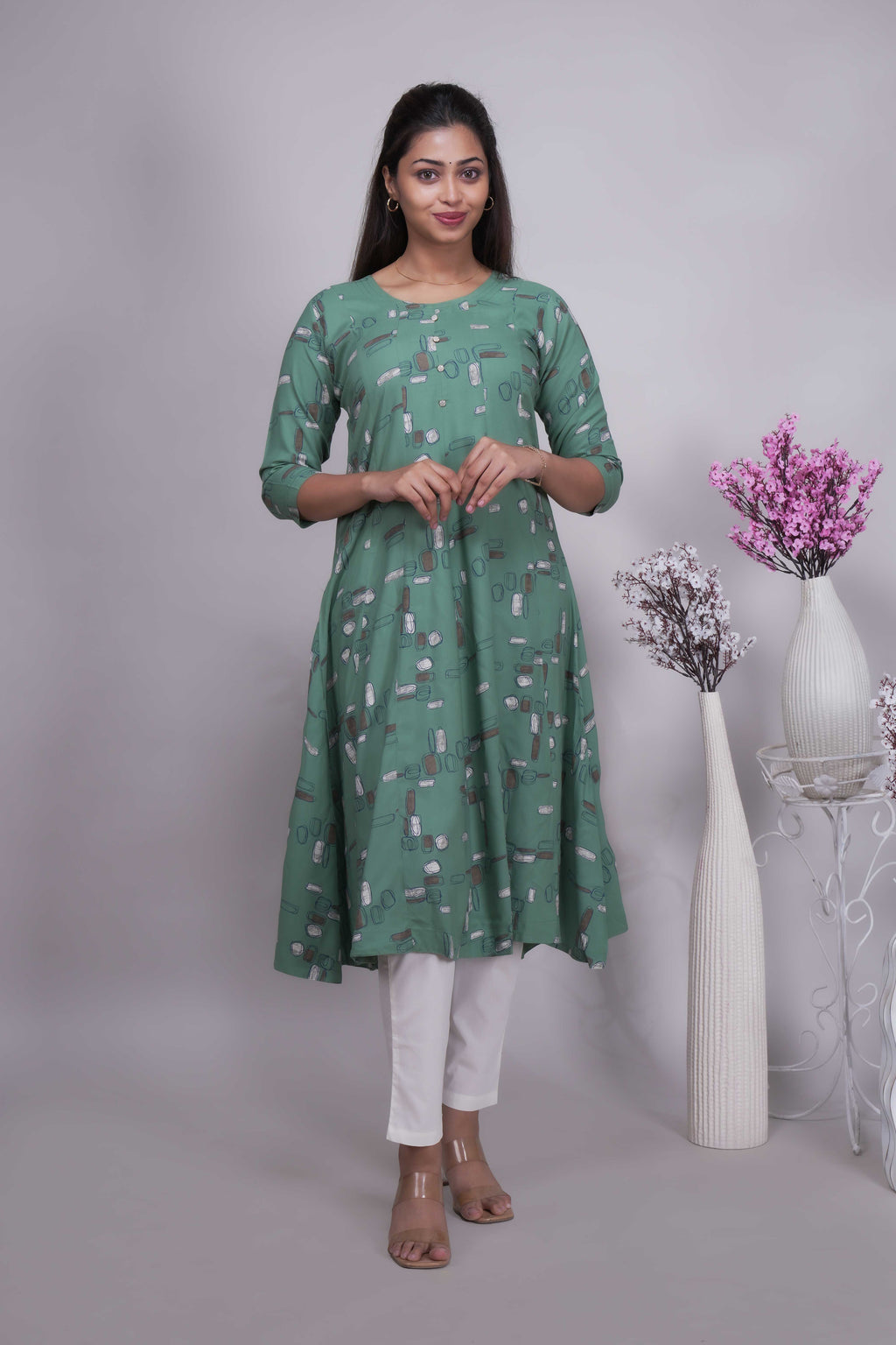 Women's Sage Green Printed A-Line Kurta
