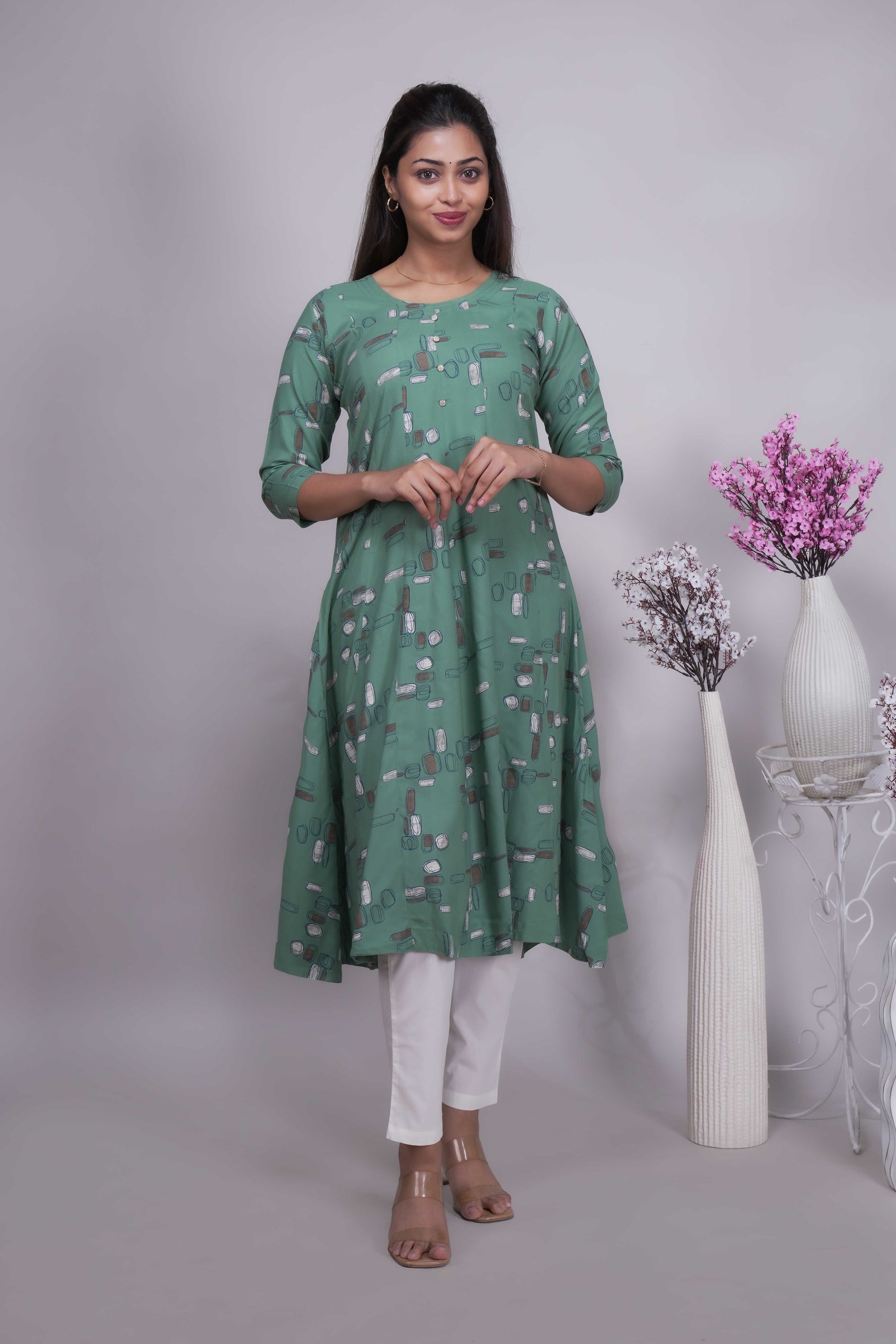 Women's Sage Green Printed A-Line Kurta