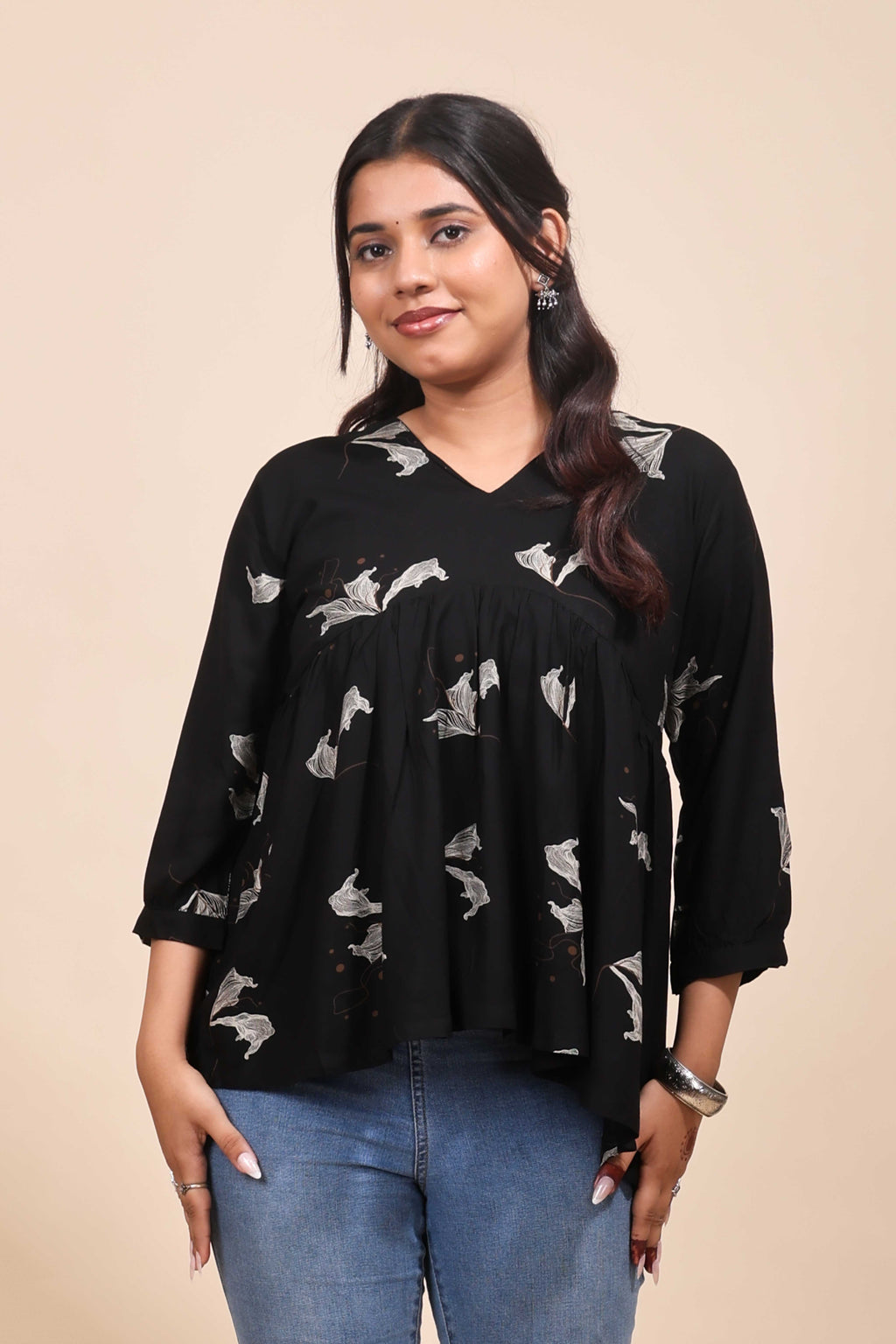 Elegant Jet Black Floral Printed Gathered Tunic Top