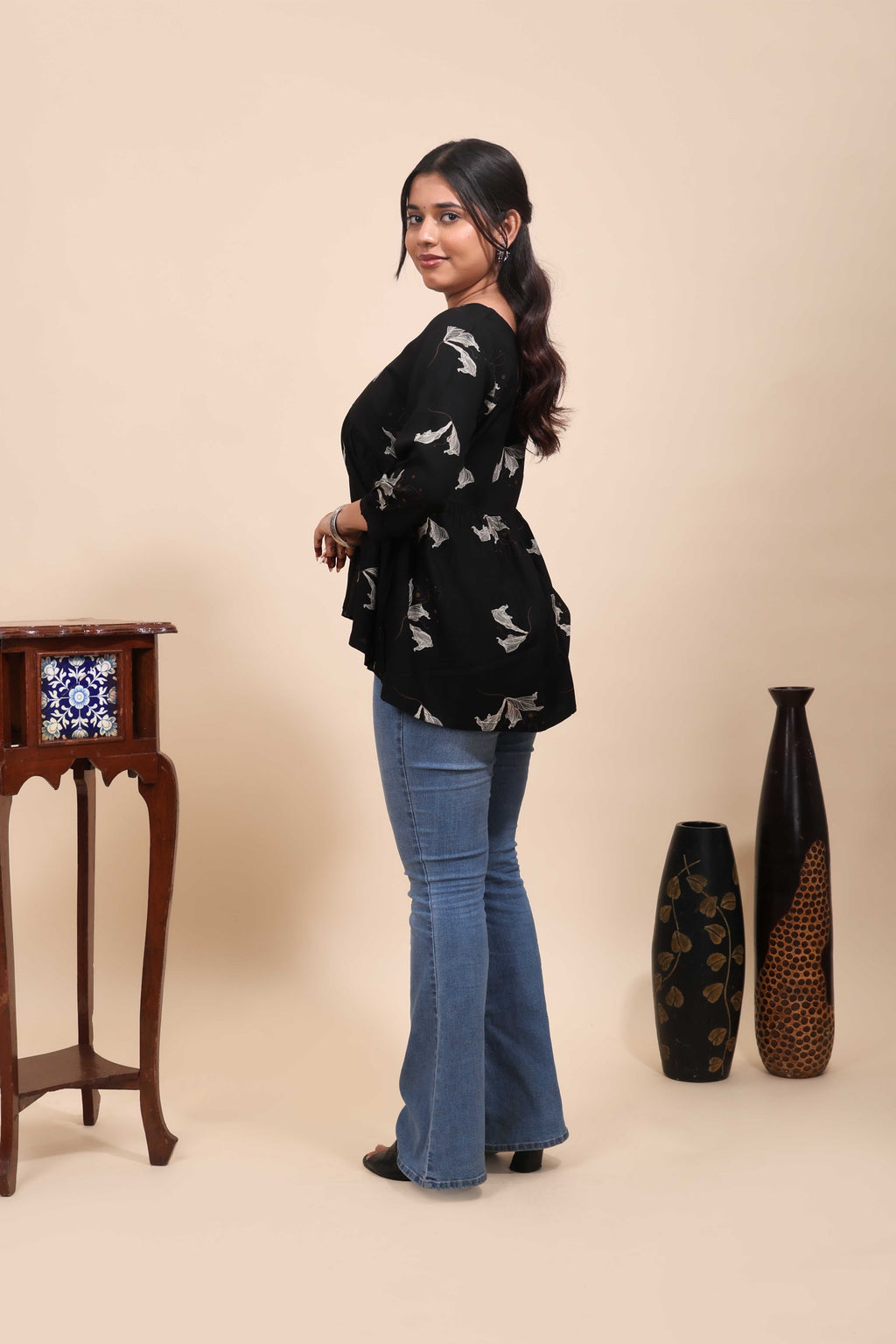 Elegant Jet Black Floral Printed Gathered Tunic Top
