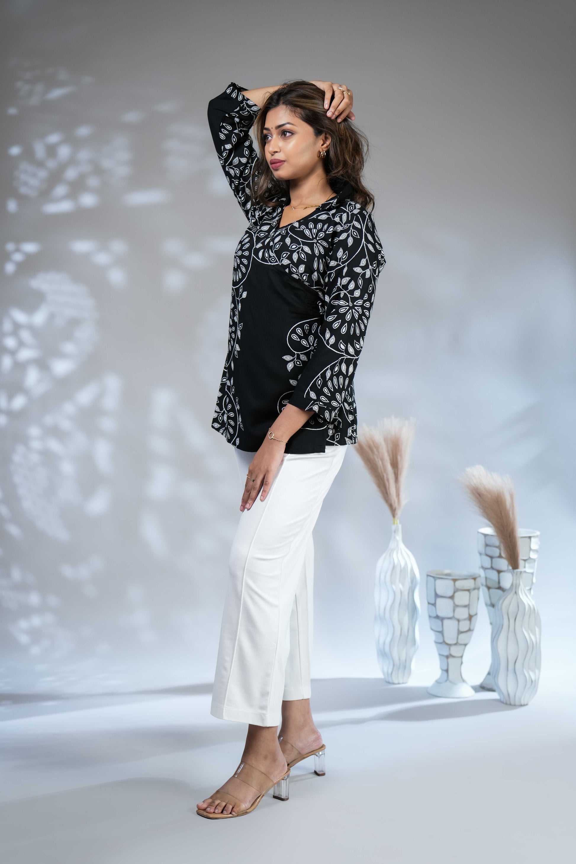 Women's Black and White Floral Embroidered Angrakha Fusion Tunic