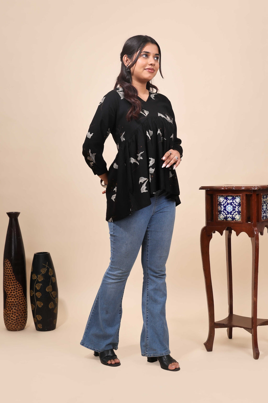 Elegant Jet Black Floral Printed Gathered Tunic Top
