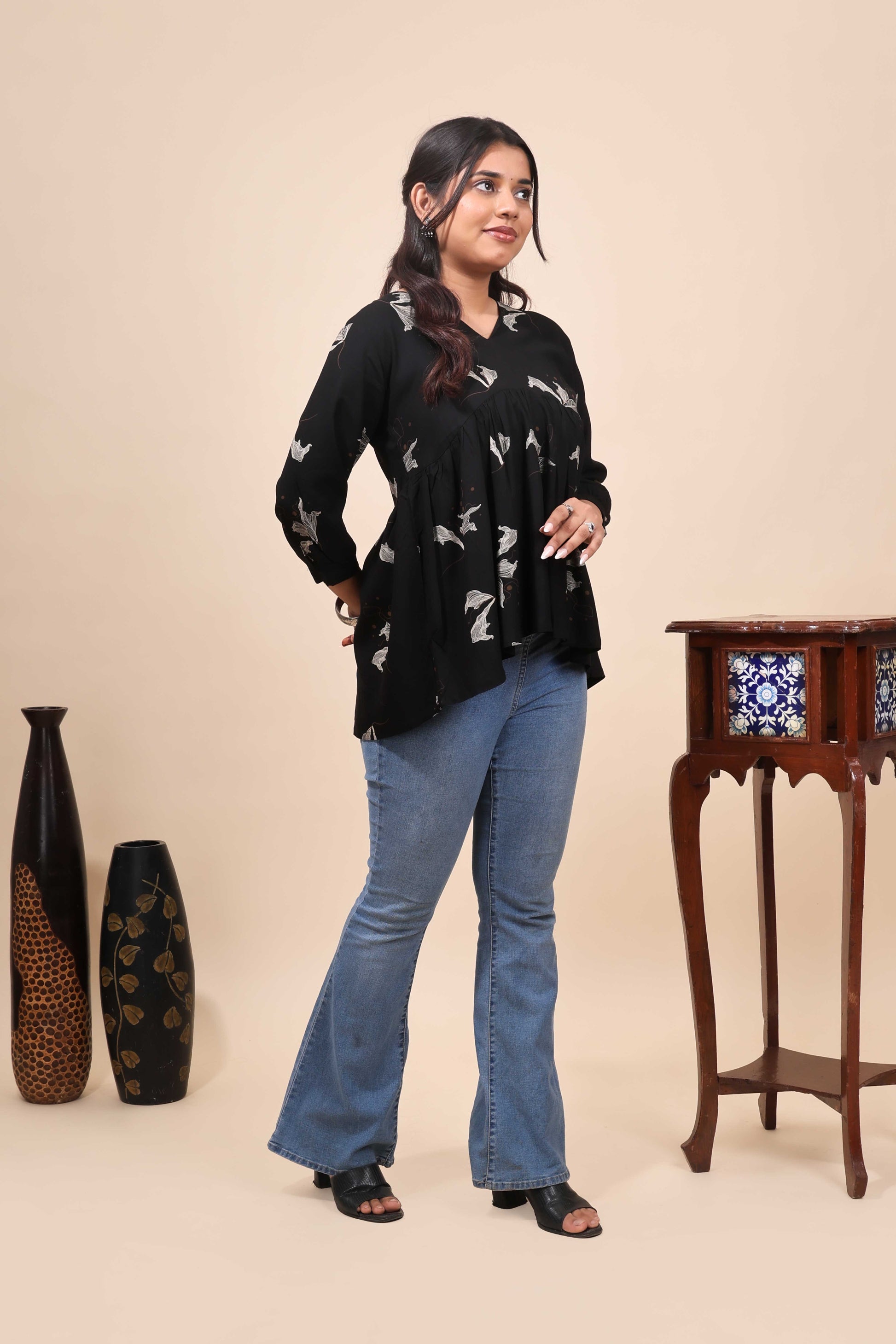 Elegant Jet Black Floral Printed Gathered Tunic Top