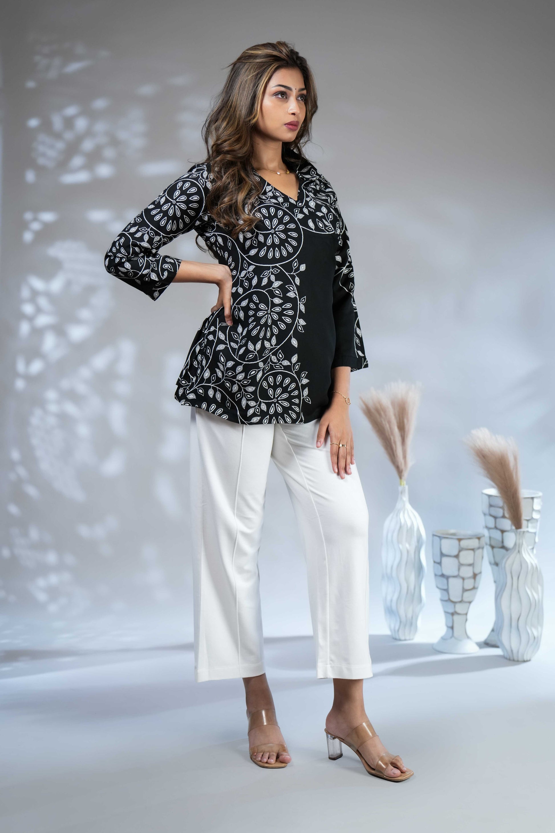 Women's Black and White Floral Embroidered Angrakha Fusion Tunic