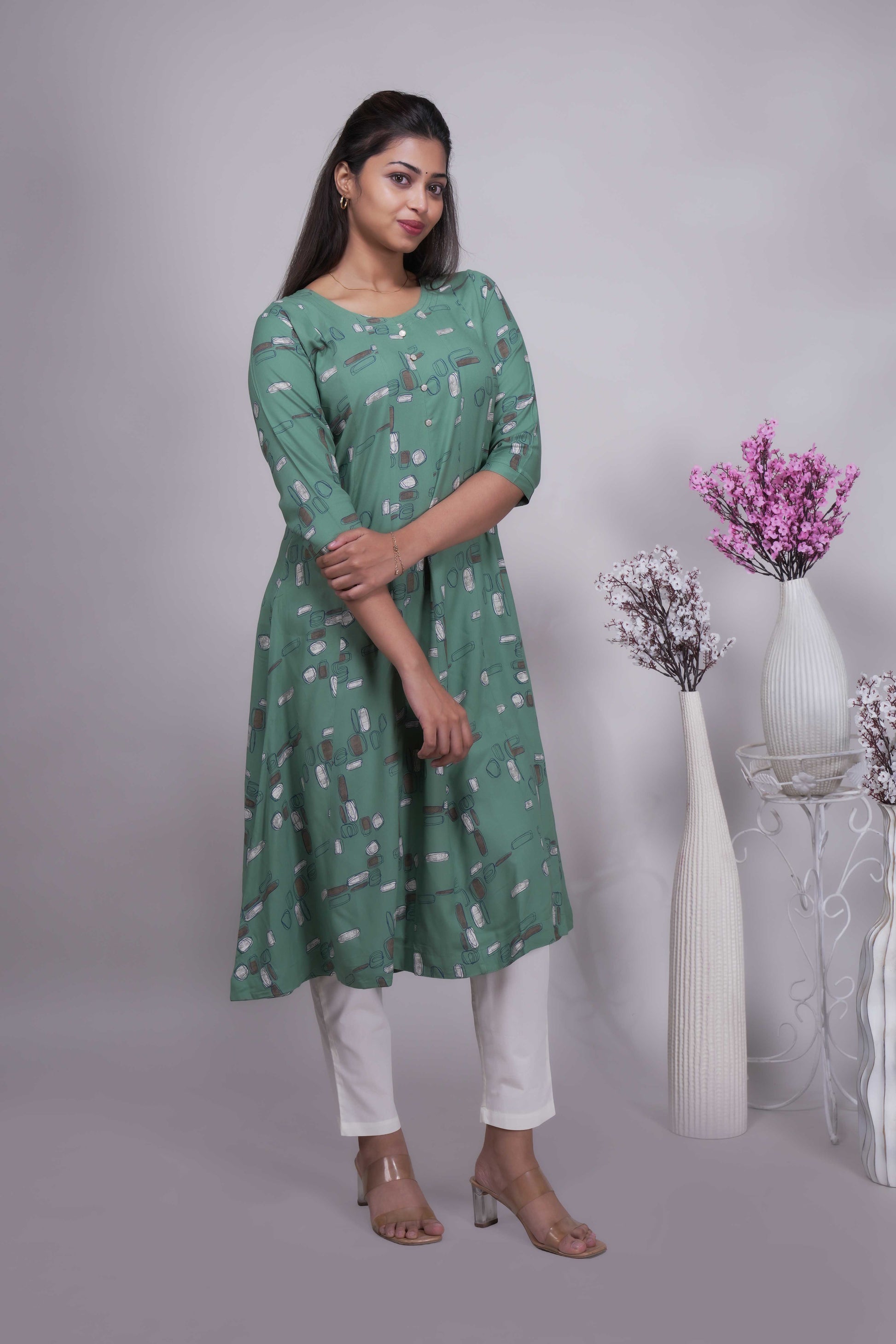 Women's Sage Green Printed A-Line Kurta