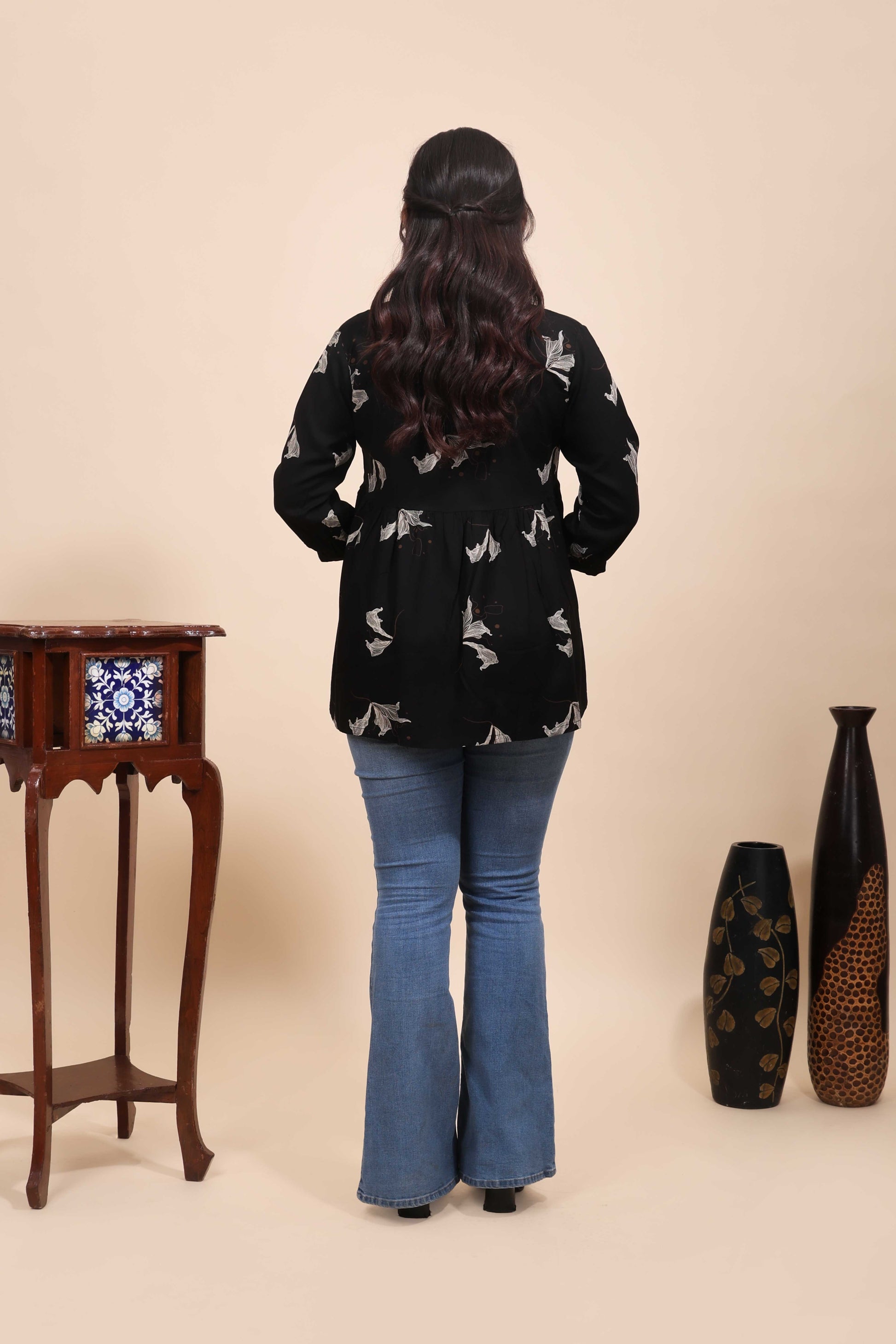 Elegant Jet Black Floral Printed Gathered Tunic Top