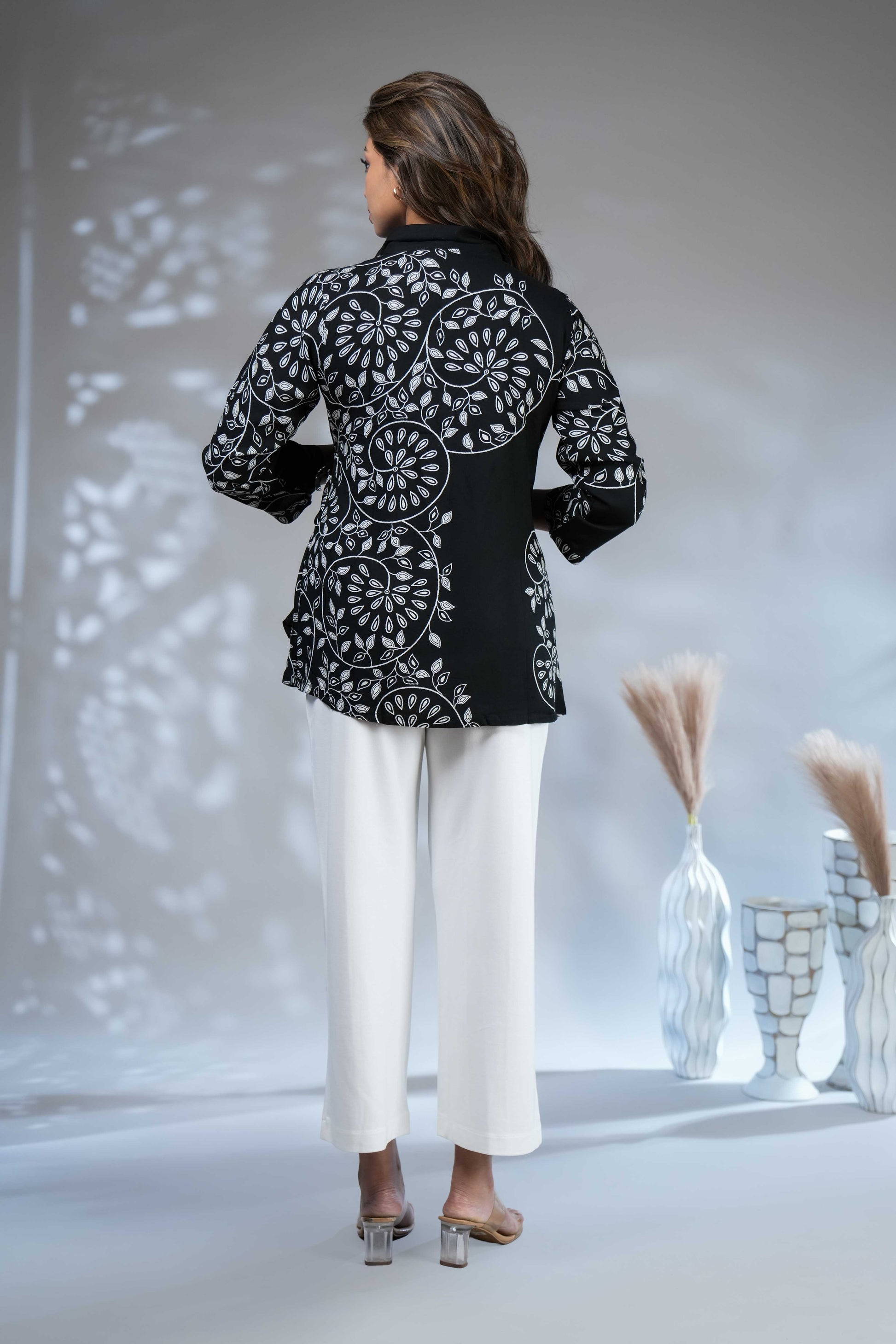 Women's Black and White Floral Embroidered Angrakha Fusion Tunic