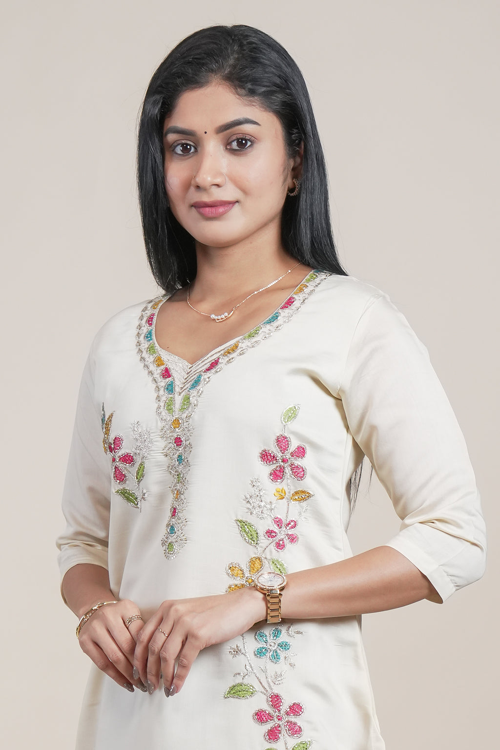 Off-White Floral Embroidered Straight Kurti with Three-Quarter Sleeves single piece