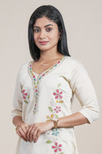 Off-White Floral Embroidered Straight Kurti with Three-Quarter Sleeves single piece