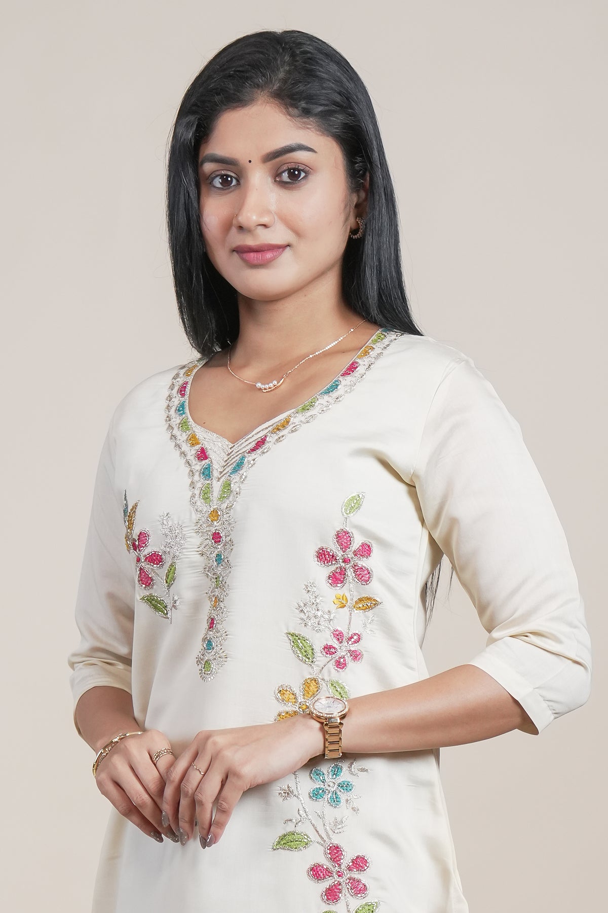 Off-White Floral Embroidered Straight Kurti with Three-Quarter Sleeves single piece