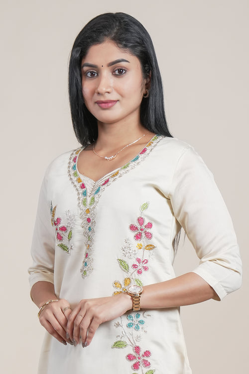 Off-White Floral Embroidered Straight Kurti with Three-Quarter Sleeves single piece