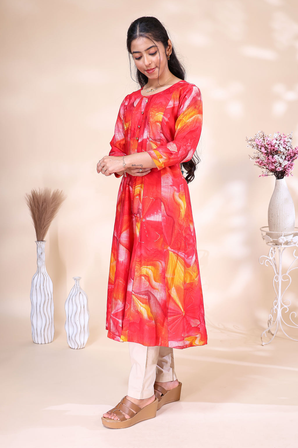 Vibrant Red & Orange Floral Abstract Printed umbrella top