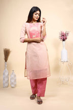 Light Peach and Pink Woven Deer Motif Kurta Set with Dupatta