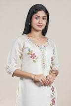 Off-White Floral Embroidered Straight Kurti with Three-Quarter Sleeves single piece