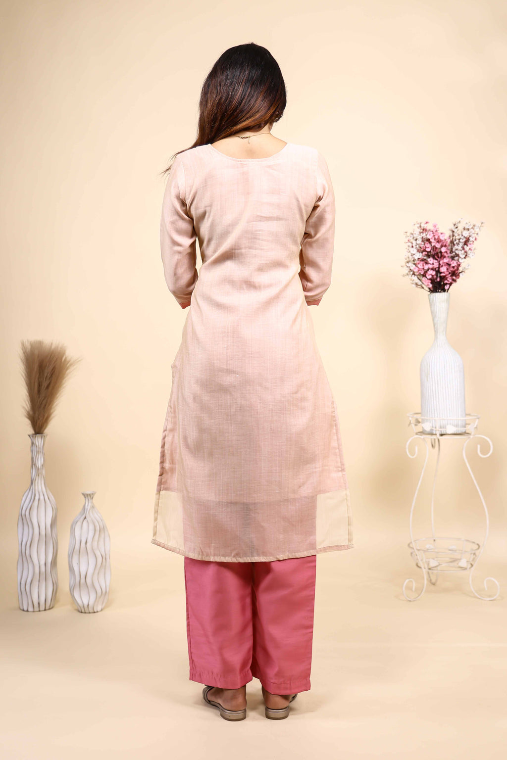 Light Peach and Pink Woven Deer Motif Kurta Set with Dupatta