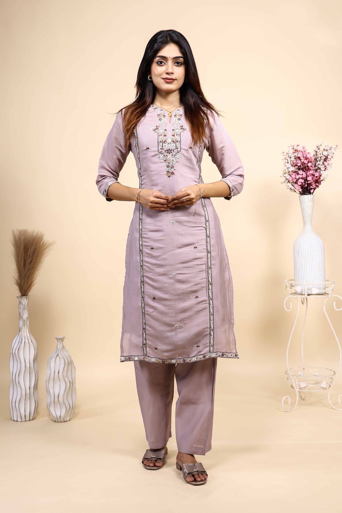Mauve Embroidered Silk-Blend Straight Kurta & Pant 2 Piece Set