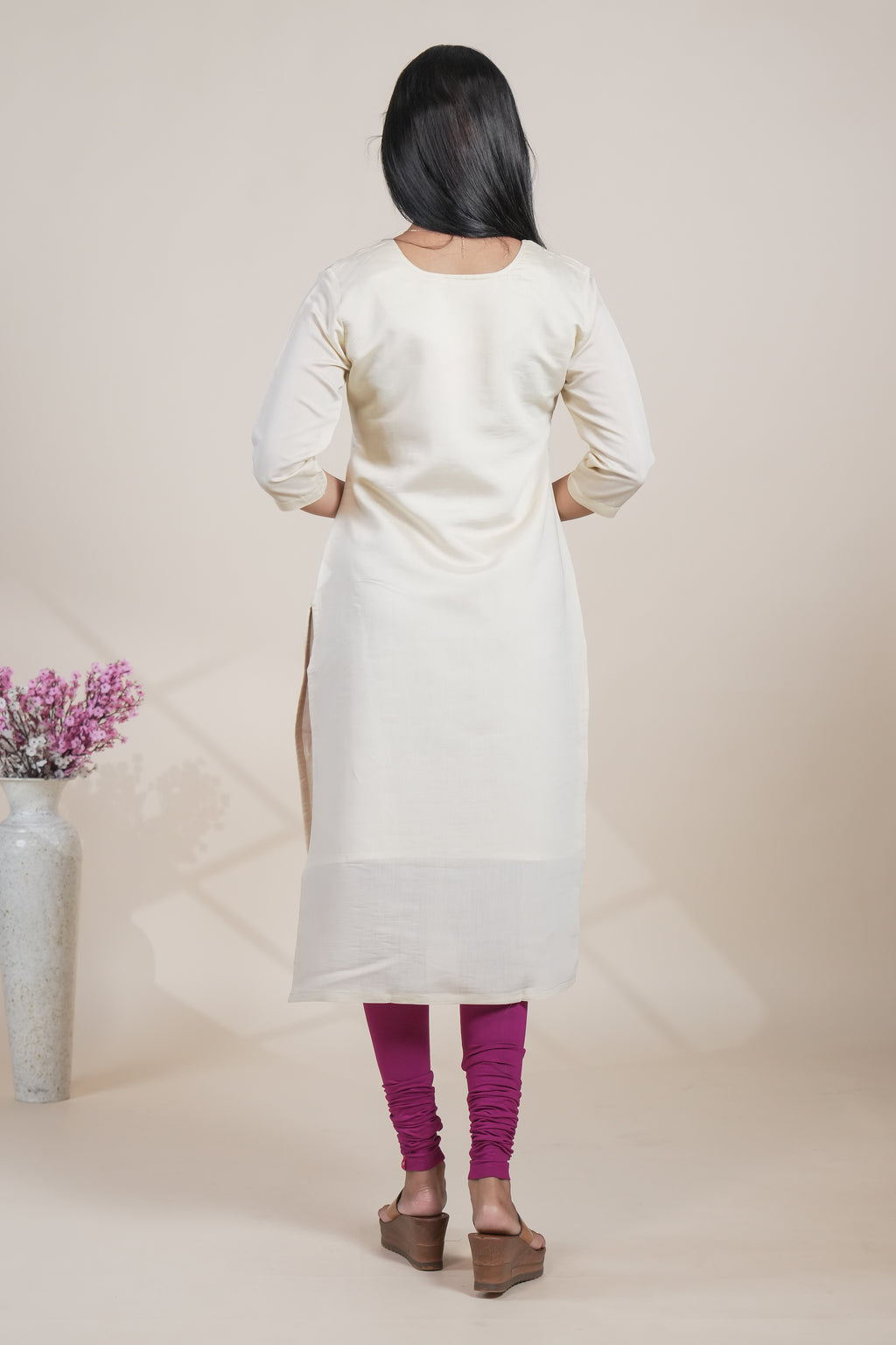 Off-White Floral Embroidered Straight Kurti with Three-Quarter Sleeves single piece