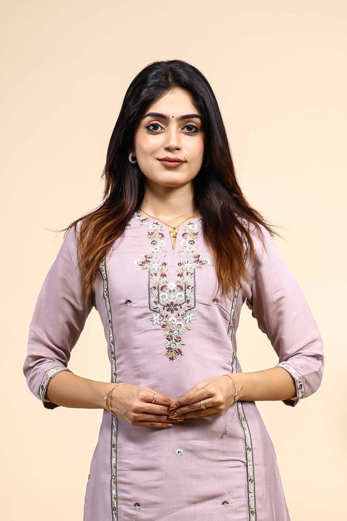 Mauve Embroidered Silk-Blend Straight Kurta & Pant 2 Piece Set