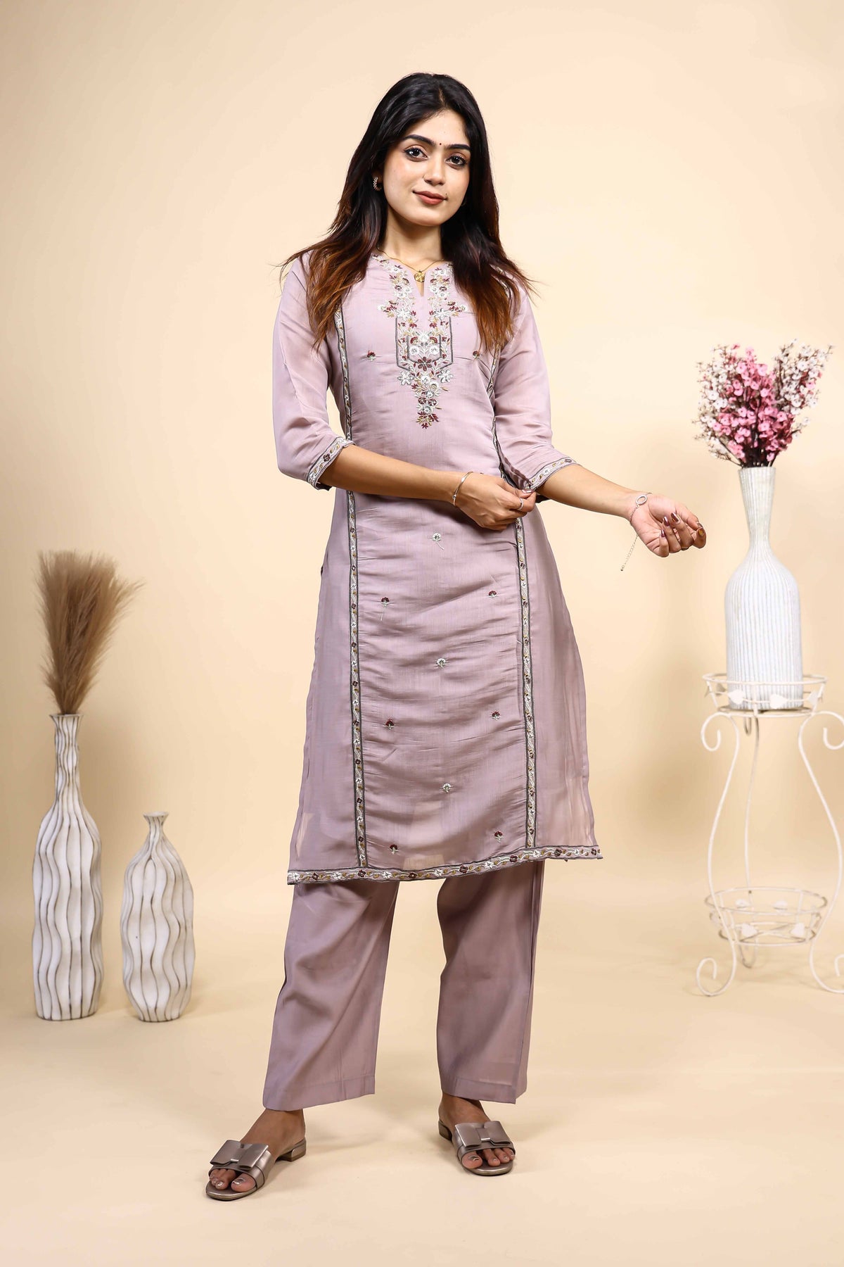 Mauve Embroidered Silk-Blend Straight Kurta & Pant 2 Piece Set