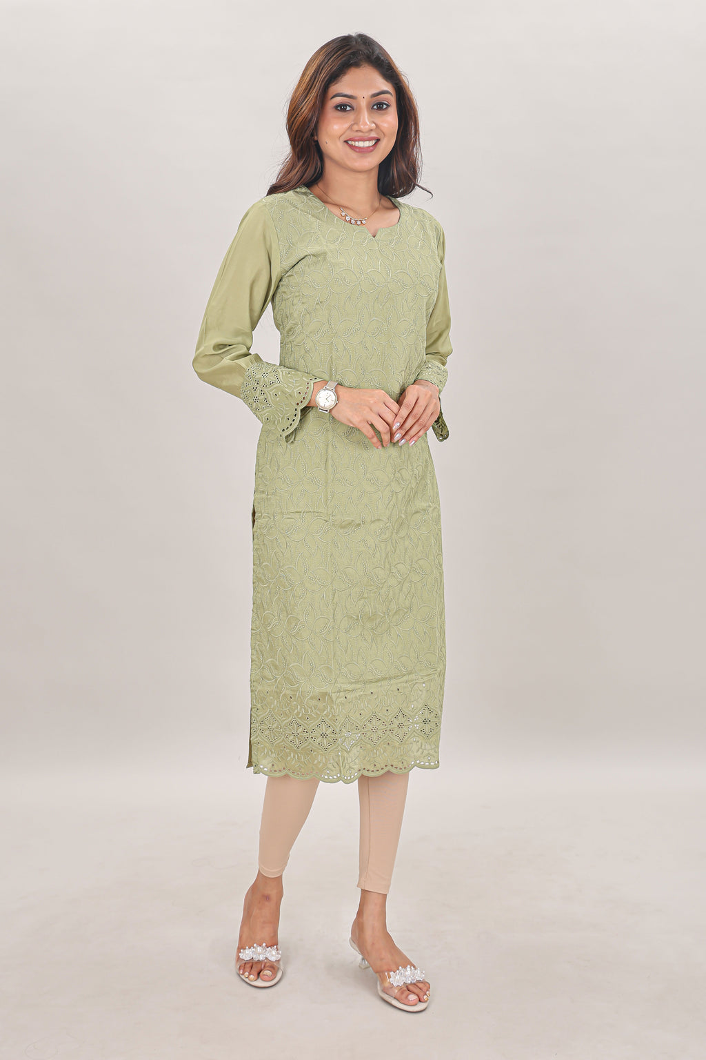 Pastel Sage Embroidered Chikankari Georgette Kurta single piece
