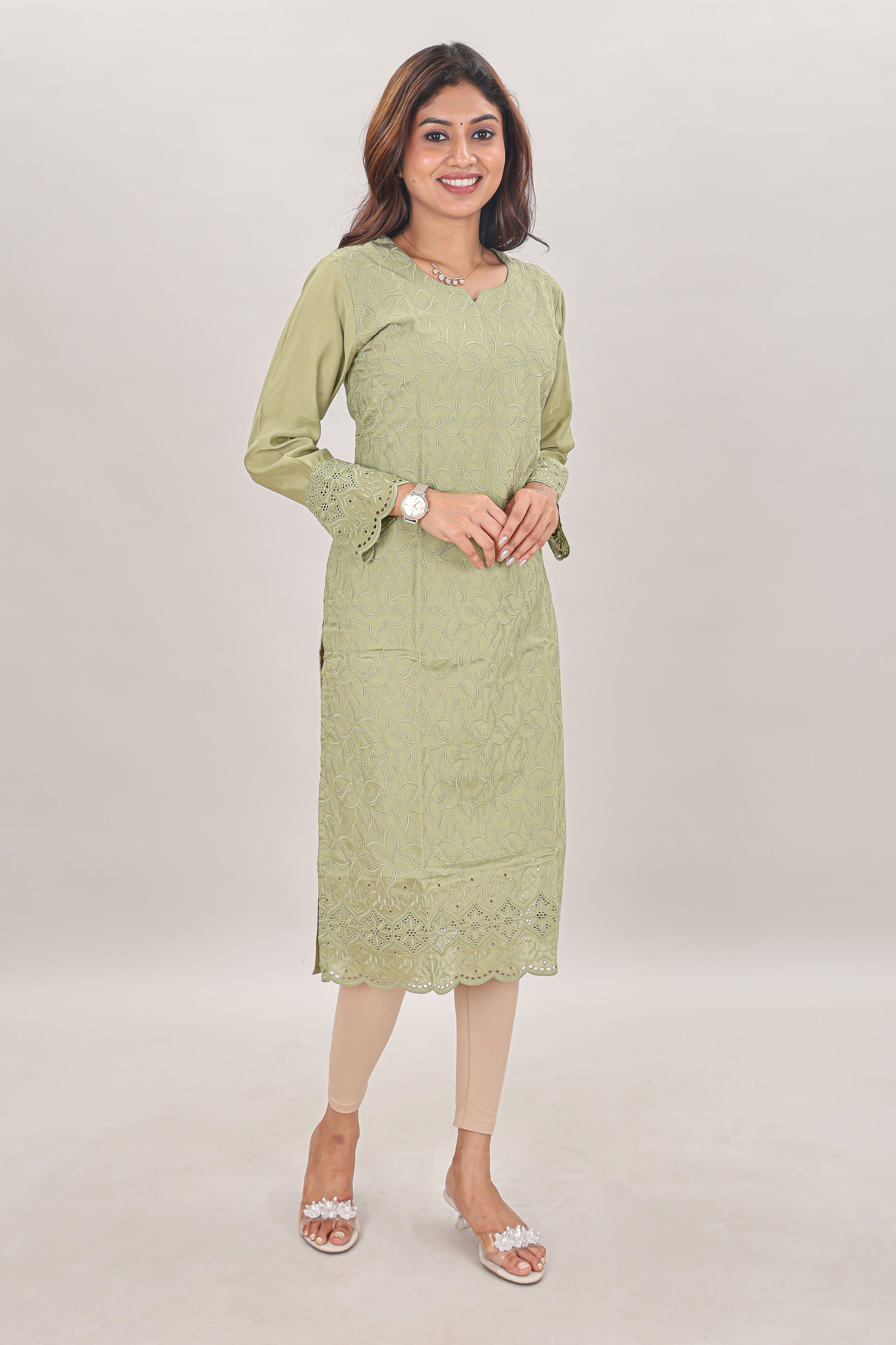 Pastel Sage Embroidered Chikankari Georgette Kurta single piece