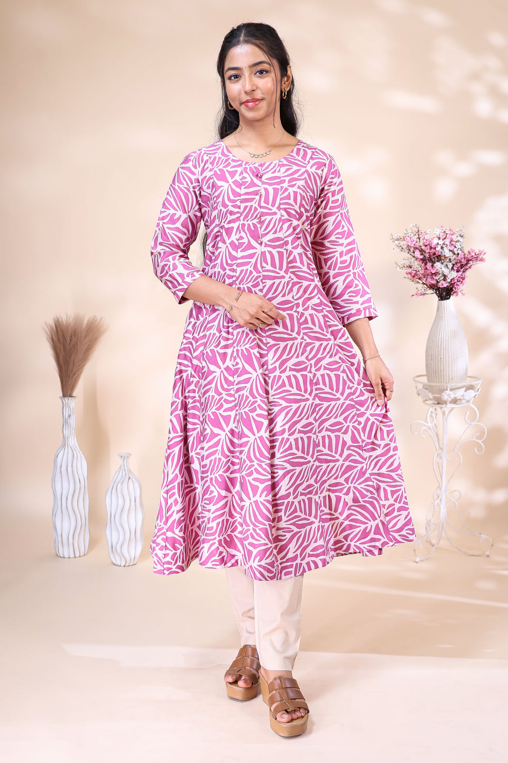 Pink and Off-White Leaf Printed Flared with Solid Trousers umbrella  Top